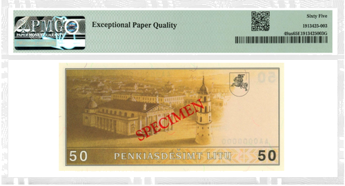 1991 Lietuva 50 litu banknote (Paraugs) PMG GEM UNC 65 EPQ (2)