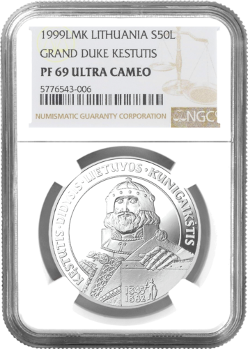1999 г. Велик княз Кенстутис Литва Сребърна монета от 50 лита PF 69 ULTRA CAMEO (1)