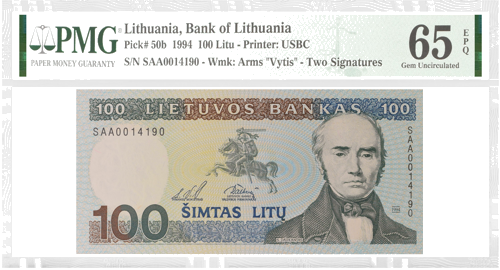 1994 Lietuva 100 litų banknotas PMG GEM UNC 65 (1)