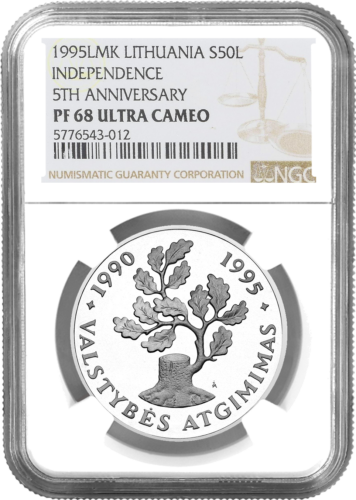 1995 Nepriklausomybė 50 litų sidabrinė moneta PF 68 ULTRA CAMEO (1)