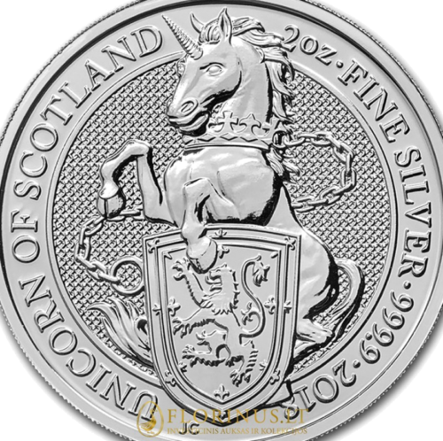 2018 Didžioji Britanija, Karalienės žvėrys Vienaragis 2 oz sidabrinė moneta (2)