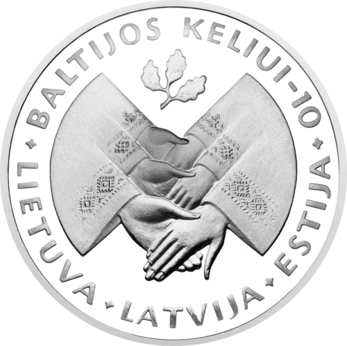 1999 Lietuva Baltijos kelio 10-metis 50 litų sidabrinė moneta (1)