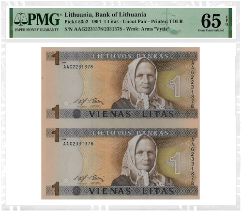 1994 Lithuania 1 Litas Banknote (Uncut) PMG 65 EPQ (1)