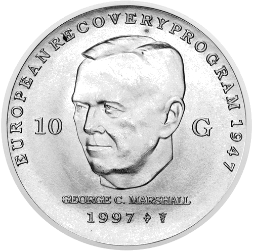 10 гульденов Беатрикс юбилей плана Маршалла 1997 Нидерланды серебряная монета (1)
