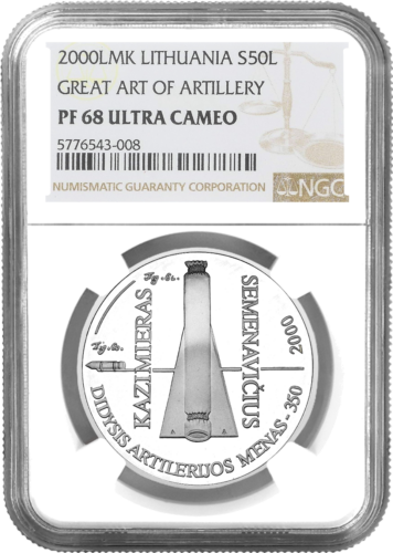 2000 Изкуството на артилерията Литва 50 лита сребърна монета PF 68 ULTRA CAMEO (1)