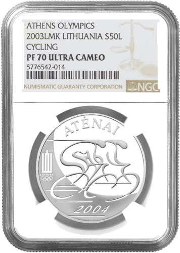 2004 Lietuva Olimpinės Atėnų žaidynės 50 litų sidabrinė moneta PF 70 ULTRA CAMEO (1)