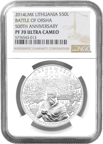 2014 Битката при Орша Литва Сребърна монета от 50 лита PF 70 ULTRA CAMEO (1)