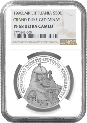 1998 г. Велик херцог Алгирдас Литва Сребърна монета от 50 лита PF 69 ULTRA CAMEO (1)