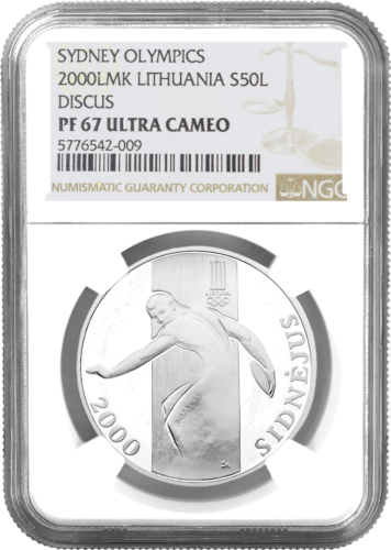 2000 Olimpinės žaidynės Sidnėjuje Lietuva 50 litų sidabrinė moneta PF 67 ULTRA CAMEO (1)