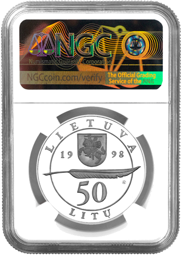 1998 Адам Мицкевич 50 литов серебряная монета PF 69 ULTRA CAMEO (2)
