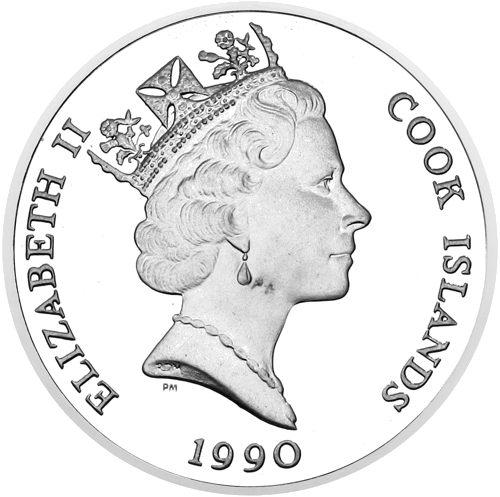 1990 Kuko salos Amerikos jubiliejus 10 dolerių sidabrinė moneta (2)