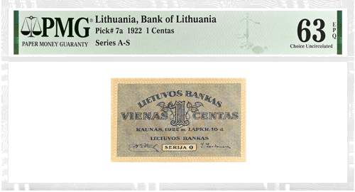 Lithuania 1922 1 Cent Banknote PMG UNC 63 (1)