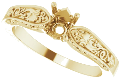 14K Yellow 5.2 mm Round Floral Solitaire Engagement Ring Mounting (5)