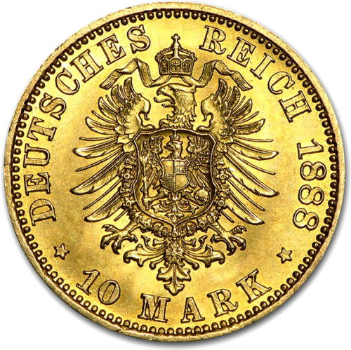 Германска империя Златна монета от 10 марки Фридрих III (1888) (2)