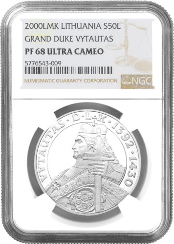 2000 Lietuva Vytautas Didysis 50 Litų sidabrinė moneta PF 68 ULTRA CAMEO (1)