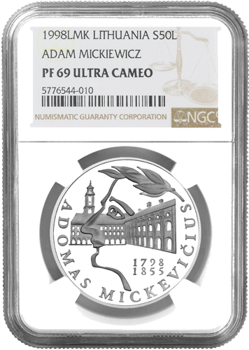1998 Адам Мицкевич 50 литов серебряная монета PF 69 ULTRA CAMEO (1)