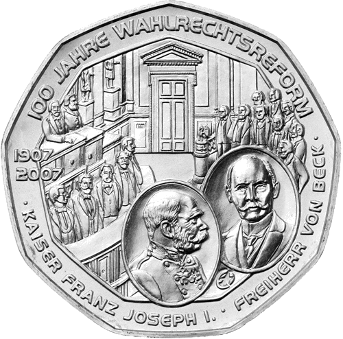 5 евро Правото на глас за мъже 2007 Австрия сребърна монета (1)