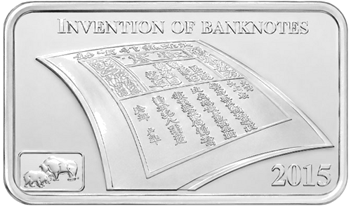 Banknoto išradimas Kuko salos 2015 sidabrinė moneta-luitas (1)