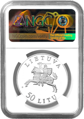 2000 Nepriklausomybės atkūrimo 10-metis Lietuva 50 litų sidabrinė moneta PF 68 ULTRA CAMEO (2)