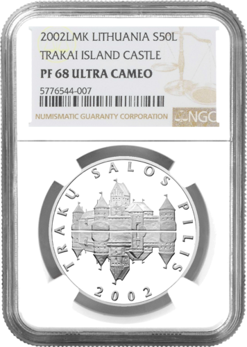 2002 Trakų Salos Pilis 50 litų sidabrinė moneta PF 68 ULTRA CAMEO (1)