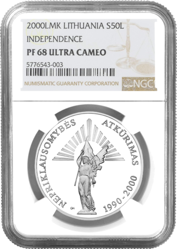 2000 Nepriklausomybės atkūrimo 10-metis Lietuva 50 litų sidabrinė moneta PF 68 ULTRA CAMEO (1)