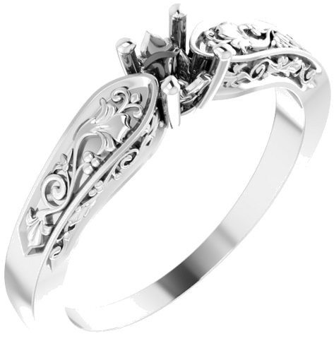 14K White 4.1 mm Round Floral Solitaire Engagement Ring Mounting (1)
