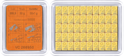 50 x 1 г Инвестиционные золотые слитки Valcambi CombiBar™ (2)