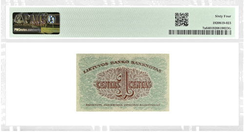 Литва 1922 1 цент банкнота PMG UNC 64 (2)