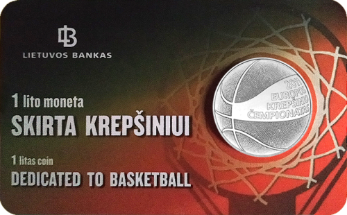 2011 Литва Баскетбол монета 1 лит в карточке (1)