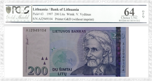 1997 Lietuva 200 litų banknotas PCGS GEM UNC 64 (1)