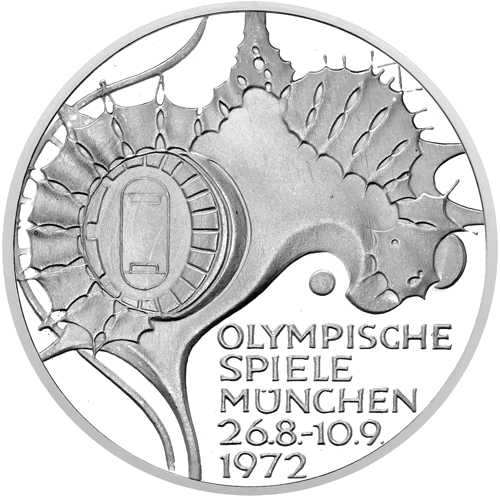 1972 Miuncheno olimpinės žaidynės Vokietija 10 markių sidabrinė moneta (1)