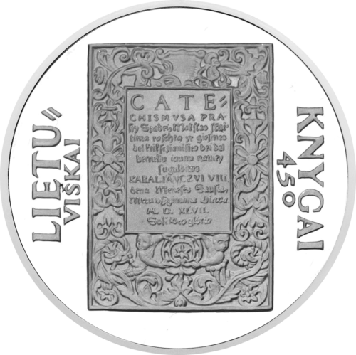 1997 Pirmosios lietuviškos knygos 450-osios metinės 50 litų sidabrinė moneta (1)