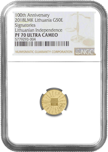 2018 Lietuva Nepriklausomybės akto Signatarams 50€ auksinė moneta PF 70 ULTRA CAMEO (1)