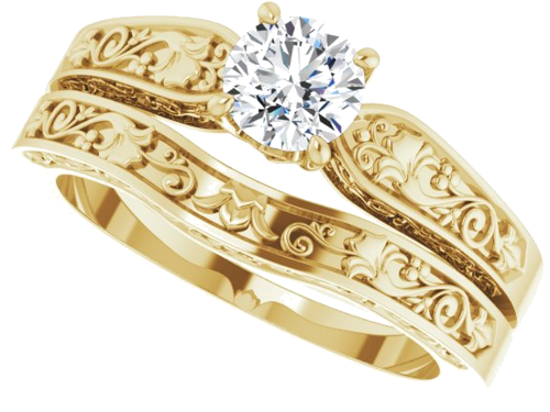 14K Yellow 5.2 mm Round Floral Solitaire Engagement Ring Mounting (10)