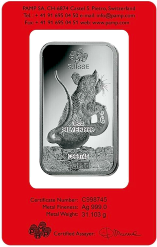 2020 Година на плъха 1 унция Сребърно кюлче Lunar PAMP (2)