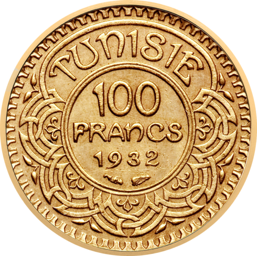 100 franku Ahmeda II 1932. gada Tunisas zelta monēta (2)