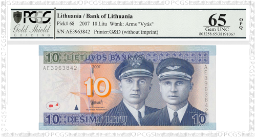 2007 Lietuva 10 litų banknotas PCGS GEM UNC 65 (1)