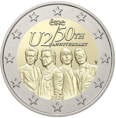 2026 Airija U2 grupės 50-metis 2 eurų Proof moneta kortelėje (3)