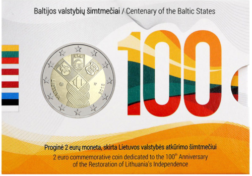 2018 Литва 100-годишнина на Балтийските държави Монета с номинал 2 евро върху карта (1)