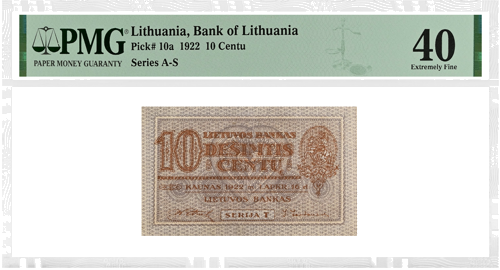 1922 Литва 10 стотинки банкнота PMG EF 40 (1)