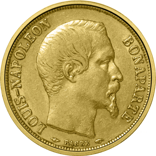 20 франка Луи-Наполеон Бонапарт 1852 френска златна монета (1)