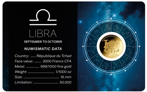 1/1000 oz Svarstyklės (Zodiac Series) 3000 frankų Čadas auksinė moneta (2)