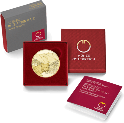 2021 Alpu Dārgumi (Alpu Meži) Austrija 50 eiro 1/4 oz zelta proof monēta (3)