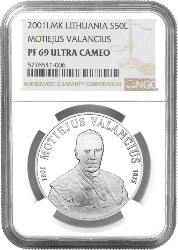 2001 Мотеюс Валанчюс 50 литов серебряная монета PF 69 ULTRA CAMEO (1)