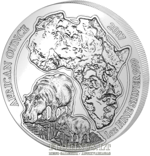 2017 Hipopotamas, Ruanda, 50 frankų, 1 oz sidabrinė moneta (2)