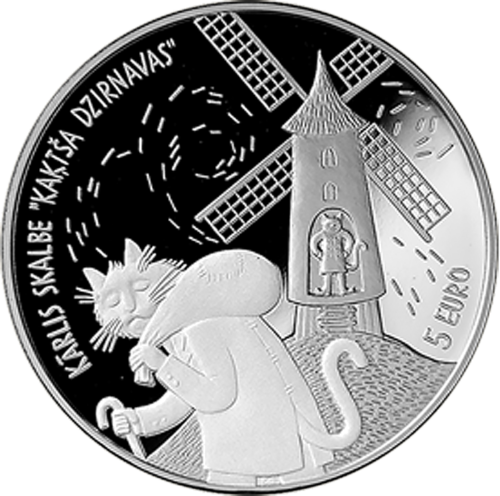 2019 Латвия Сказки Кошачья мельница серебряная монета 5 евро (1)