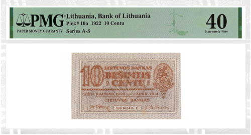 1922 Lithuania 10 Centu Banknote PMG EF 40 (1)
