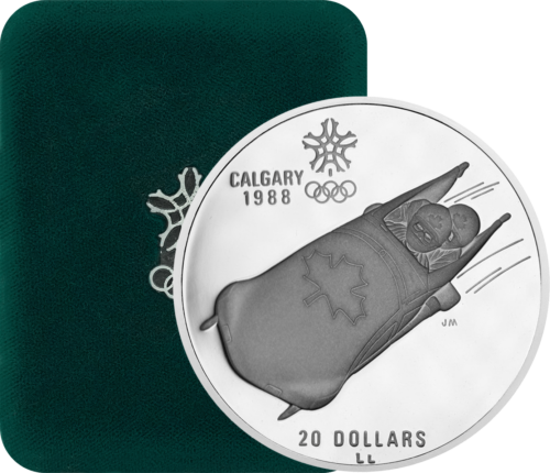 20 Dolerių Bobslėjus Olimpinės Žaidynės 1987 Kanada sidabrinė Proof moneta (1)