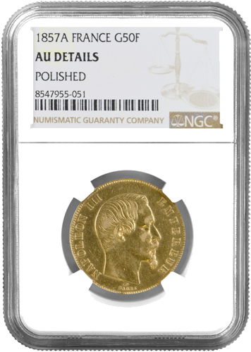 50 Frankų Napoleonas III be vainiko auksinė moneta Prancūzijos Imperija NGC 1857 AU DETAILS (1)