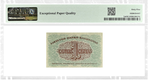 Lithuania 1922 1 Cent Banknote PMG UNC 65 (2)